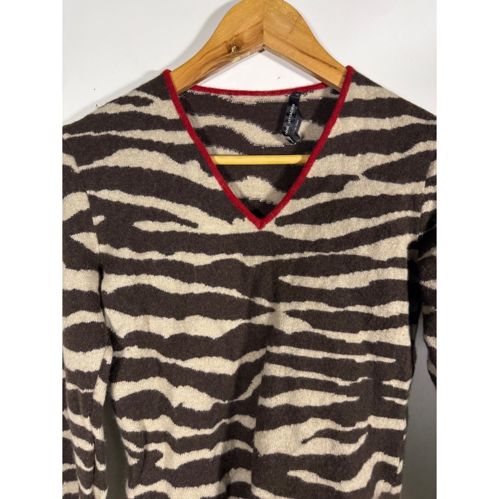 Adrienne Vittadini Italian Wool Cashmere Zebra Print V-Neck Sweater Brown Small